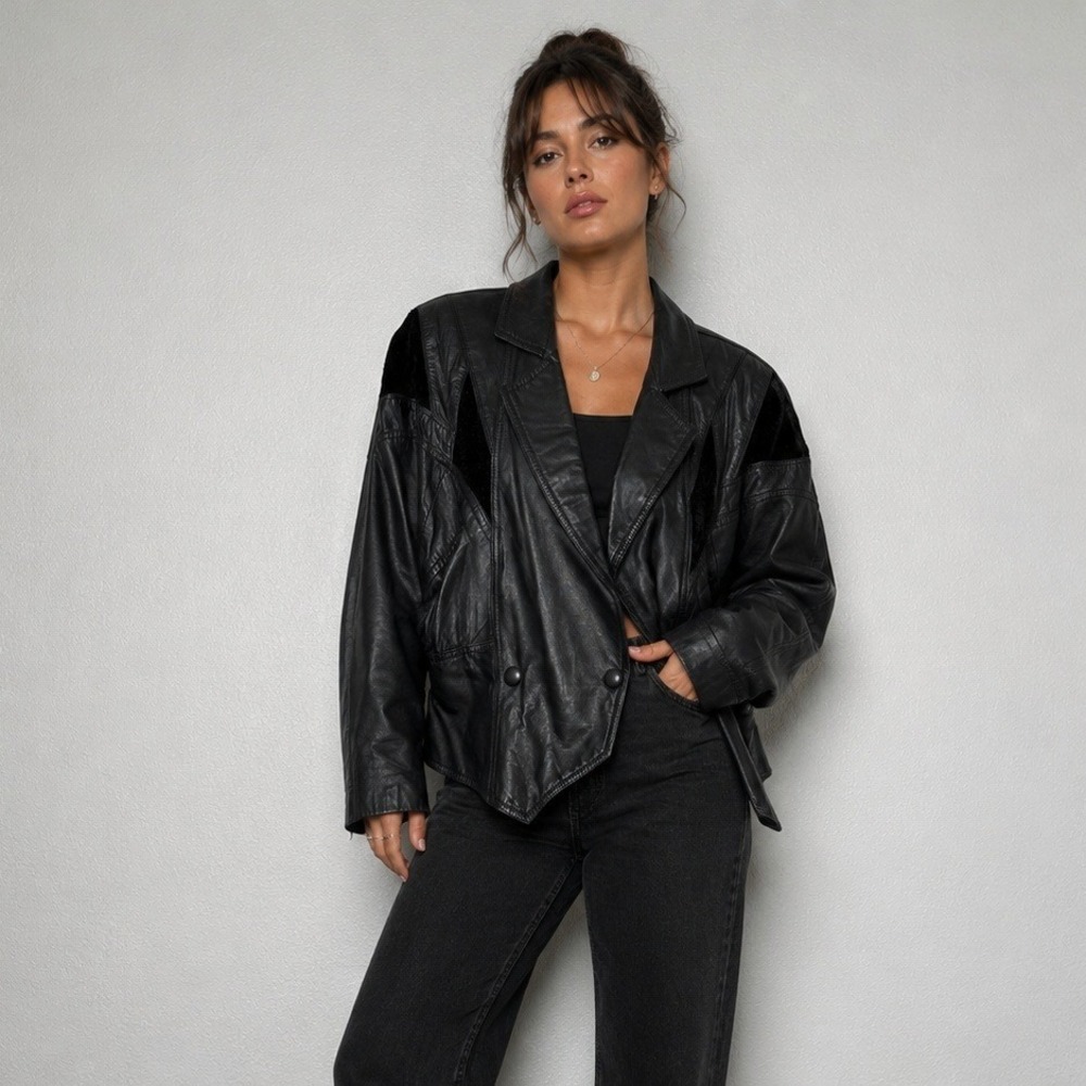 VTG G-III Womens M Black Leather Jacket Geometric Shearling Trim Korea 80s Moto